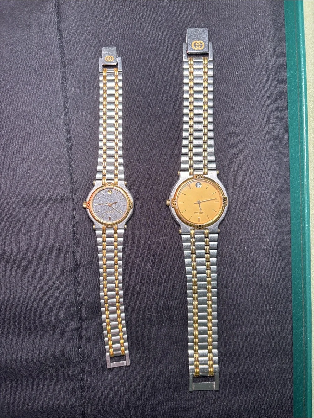 Gucci Two-Tone Gold & Silver Watch Duo with Green Presentation Box